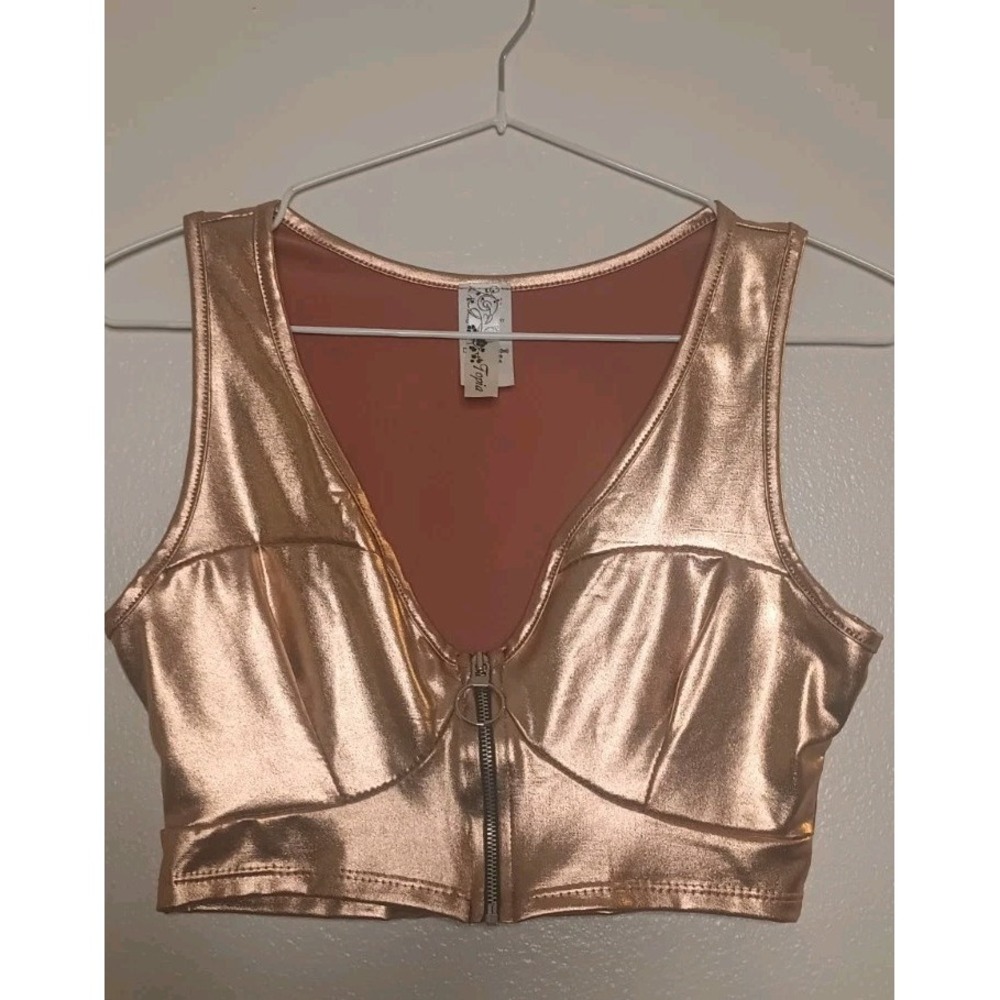 VTG Y2K Topia Womens S Liquid Gold Zipper Crop Top Cyber Clubwear Festival USA
